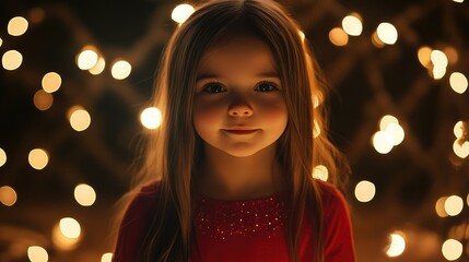 Charming portrait of a young girl with long brown hair wearing a red dress, surrounded by warm glowing garland lights in a dark festive room, Christmas theme.