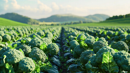 Fototapeta premium A beautiful green broccoli farm on a rural hillside, with rows of broccoli crops showcasing the agricultural planting of this vegetable, featuring its distinctive appearance.