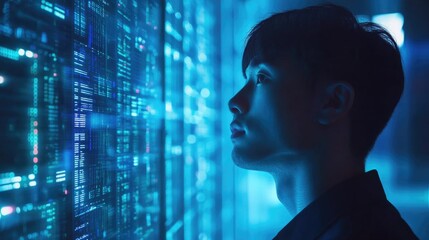 Blue Light Data Processing with Asian Male Worker in Server Room, Digital Interface Concept, Global Business Technology Background