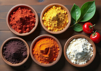 superfood powders sit wooden table top view