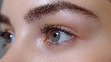 Obraz premium Close-up of beautiful woman with blue eyes and perfectly laminated and dyed eyelashes showcasing beauty salon eyelash extension procedure and artistry