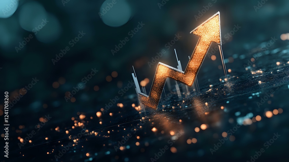 Poster glowing golden arrow chart rises against dark background with bokeh lights and sparkles, symbolizing