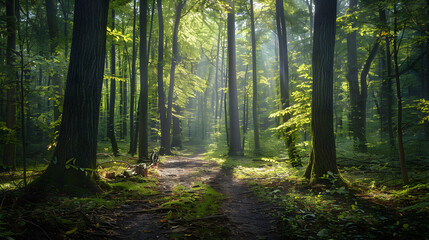 Obraz premium Serene Forest with Morning Sunlight: A Peaceful Haven for Mindfulness and Relaxation