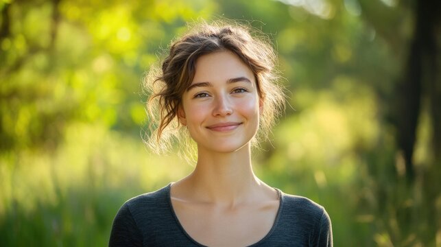 Joyful young woman smiling in vibrant summer greenery with softly blurred background showcasing natural sunlight and open space, 21 years old.