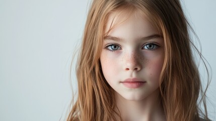 Fototapeta premium Portrait of a girl with long wavy auburn hair and striking blue eyes on a clean white backdrop showcasing fresh beauty and innocence in natural lighting.
