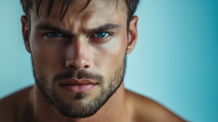 Obraz premium Serious expression of a muscular young man with blue eyes and a trimmed beard positioned against a soft blue background.