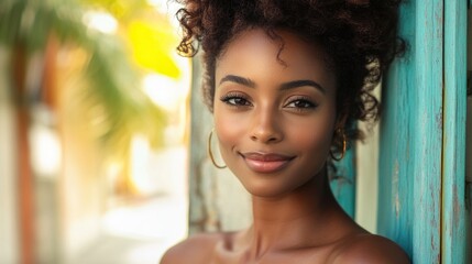 Obraz premium Radiant African American Woman with Natural Beauty Makeup Posing Near Textured Turquoise Wall Surrounded by Tropical Foliage