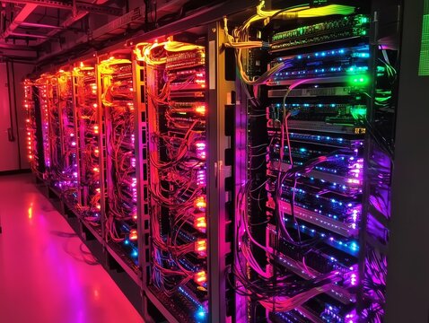 Vibrant data center server rack with colorful LED lights.  High-tech networking infrastructure.