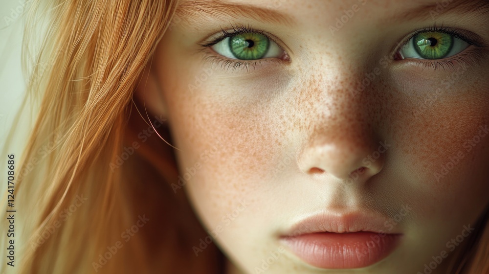 Sticker Portrait of a young girl with striking green eyes, freckles on fair skin, and flowing red hair, captured in soft natural light, indoors.