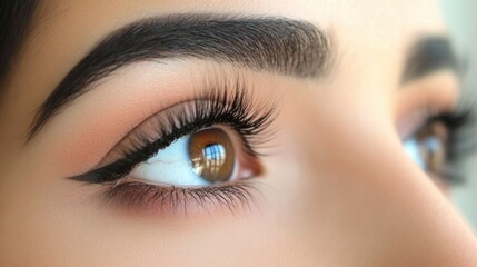 Obraz premium Close-up of captivating brown eyes with long lashes and expertly shaped brows showcasing soft neutral tones in makeup against a light background.