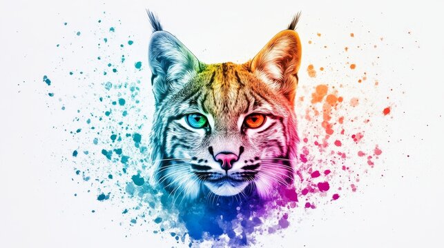 Colorful Lynx Portrait - A vibrant portrait of a lynx,  in a splash of rainbow colors against a white background.