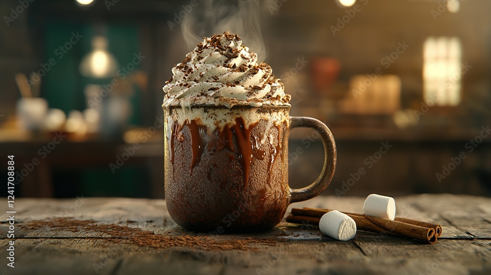 Poster a warm mug of chocolate with fluffy marshmallows and spicy cinnamon sticks on a rustic table amidst 