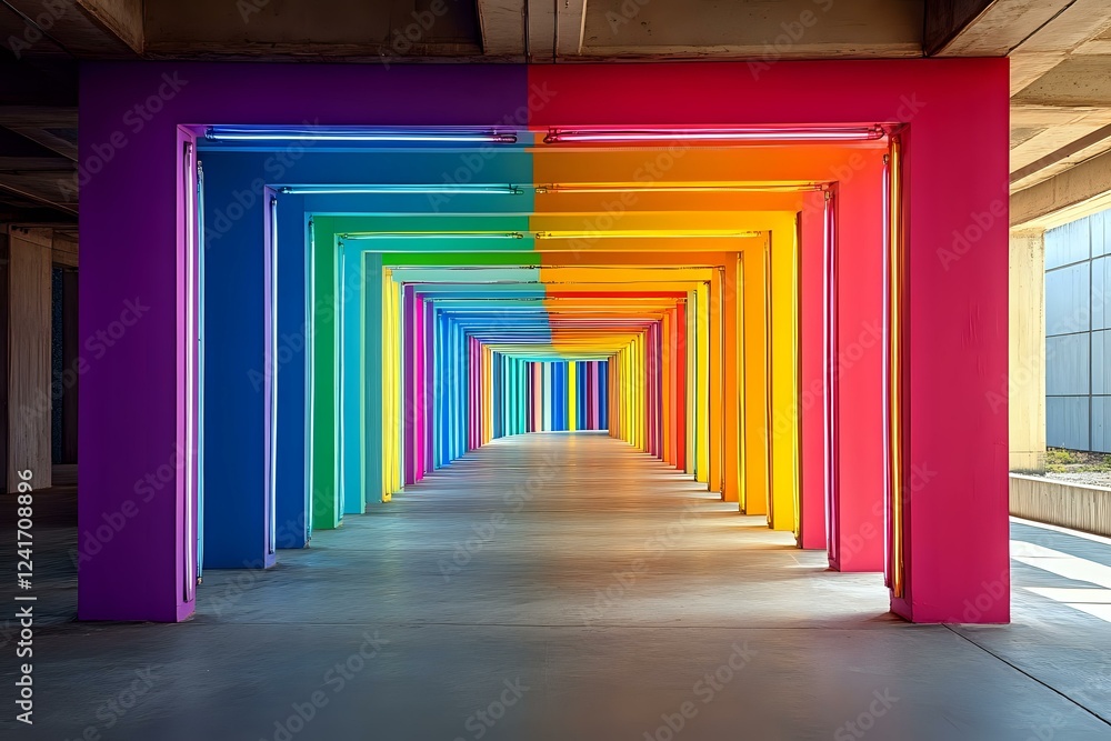 Poster vibrant rainbow colored architectural corridor with geometric perspective, illuminated archways crea