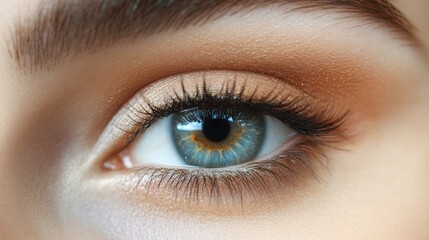 Obraz premium Close-up of a Woman's Eye with Long Eyelash Extensions and Vibrant Blue Iris Highlighted by Natural Makeup Tones and Smooth Skin Texture