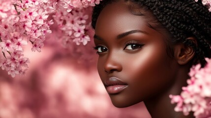 Fototapeta premium Beautiful Dark Skin Woman Amidst Pink Blossoms