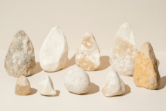 Cluster of Fossilized Dinosaur Eggs Arranged on Smooth Surface Showcasing Textures and Natural Colors Under Neutral Lighting