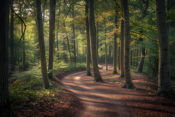 Fototapeta premium Serene Forest with Morning Sunlight: A Peaceful Haven for Mindfulness and Relaxation