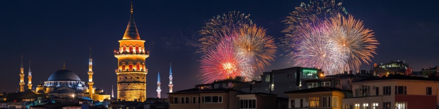 City scene with a clock tower and fireworks exploding in the sky
