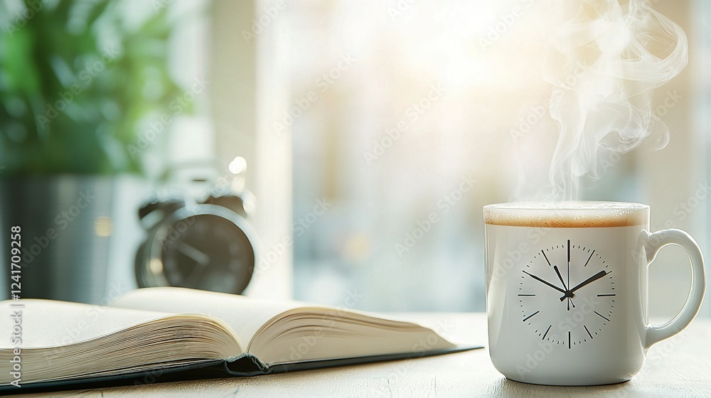 Poster a steaming cup of coffee next to an open book and clock on a table