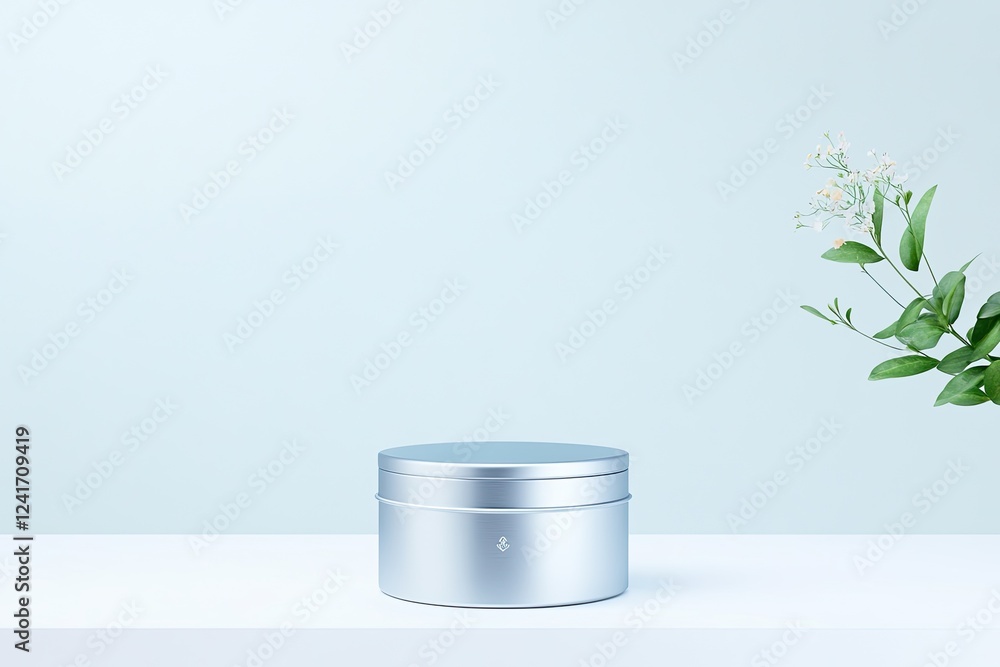 Poster sleek depiction of glossy round tin with removable lid positioned on pristine white surface with eve
