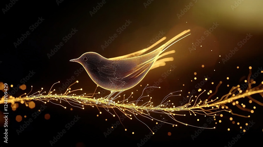 Poster a bird perched atop a tree limb, illuminated by lights adorning its branches and a backdrop of glowi