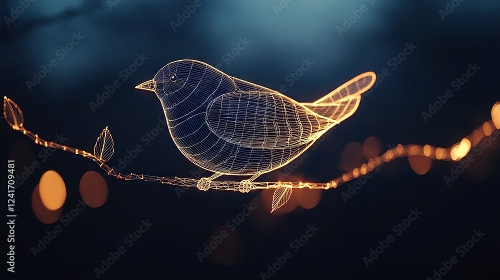 Poster a wire bird perched atop a tree limb, illuminated by a string of lights along its side