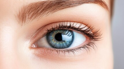 Obraz premium Close-up macro image of a young woman's blue eye with detailed eyelashes and natural skin tones highlighting the iris and pupil, soft lighting