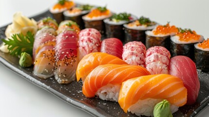 Detailed close-up of sushi varieties like dragon rolls, spicy tuna, and cucumber maki on a glossy black plate, set against a bright white background
