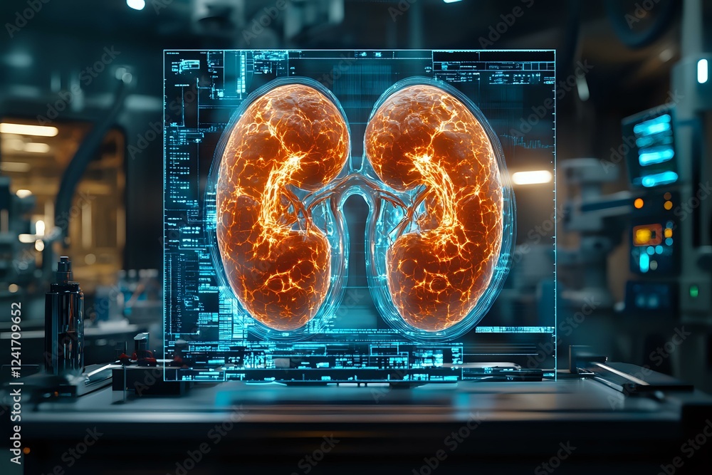 Poster glowing orange holographic kidney scan visualization on futuristic medical display with digital inte