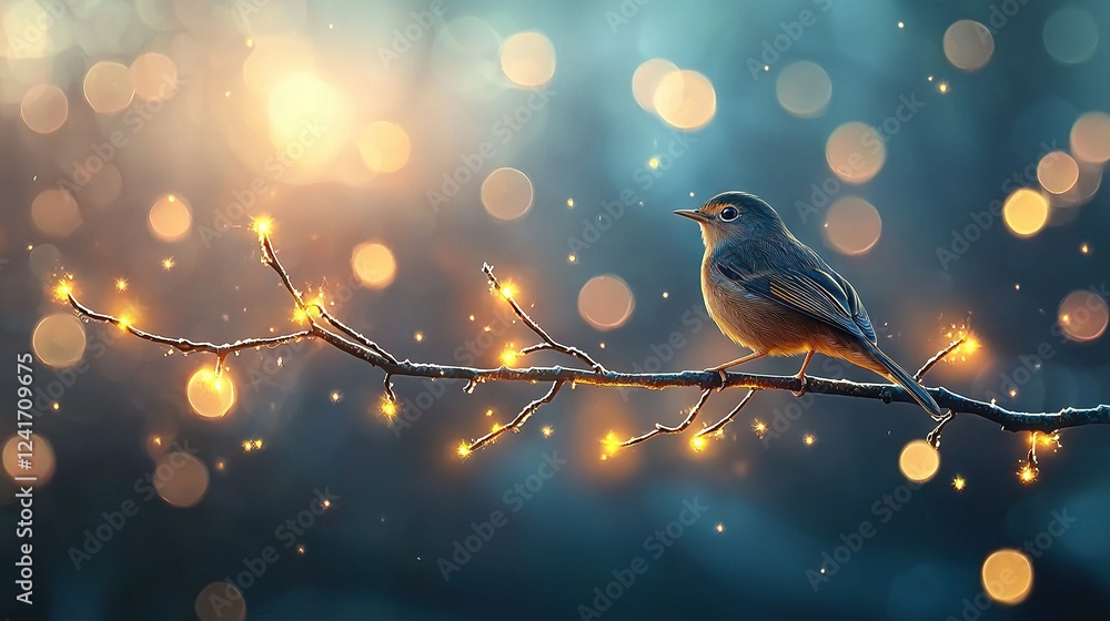 Poster a bird perched on a tree branch, surrounded by background lights and a blurry foreground due to boke