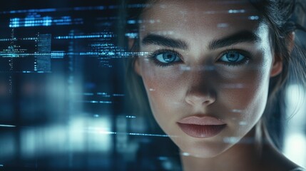 Data Processing Concept with Caucasian Businesswoman in Modern Office Setting Featuring Digital Interface and Blue Tones