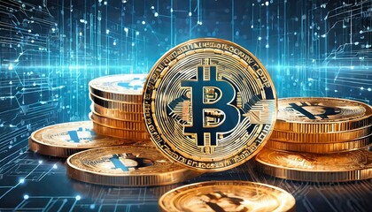  Golden Bitcoin coins stacked with a futuristic blue digital background, financial technology.