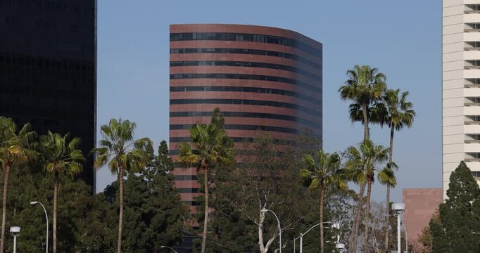 Daytime tree framed view of the downtown buildings of the skyline of Costa Mesa, California, USA.