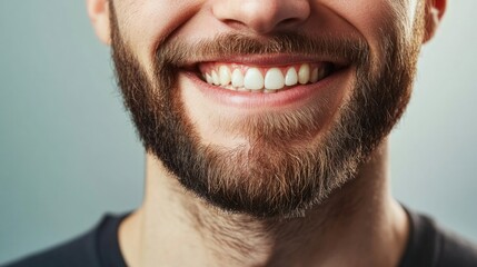 Obraz premium Cheerful young man with well-groomed beard and bright smile wearing black shirt against soft blue background exuding confidence and style