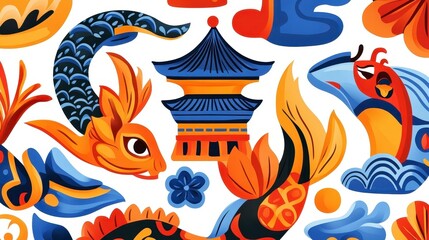 Vibrant Artistic Design Featuring Colorful Fish and Asian Elements