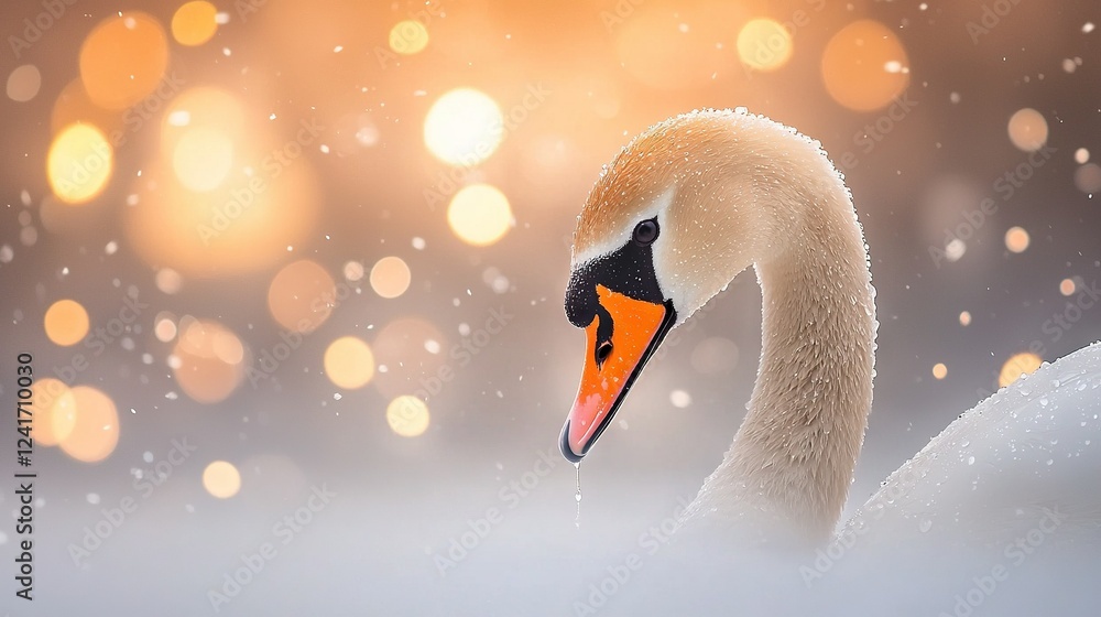 Poster a close-up shot of a swan with a blurry background and bokeh lights in the background