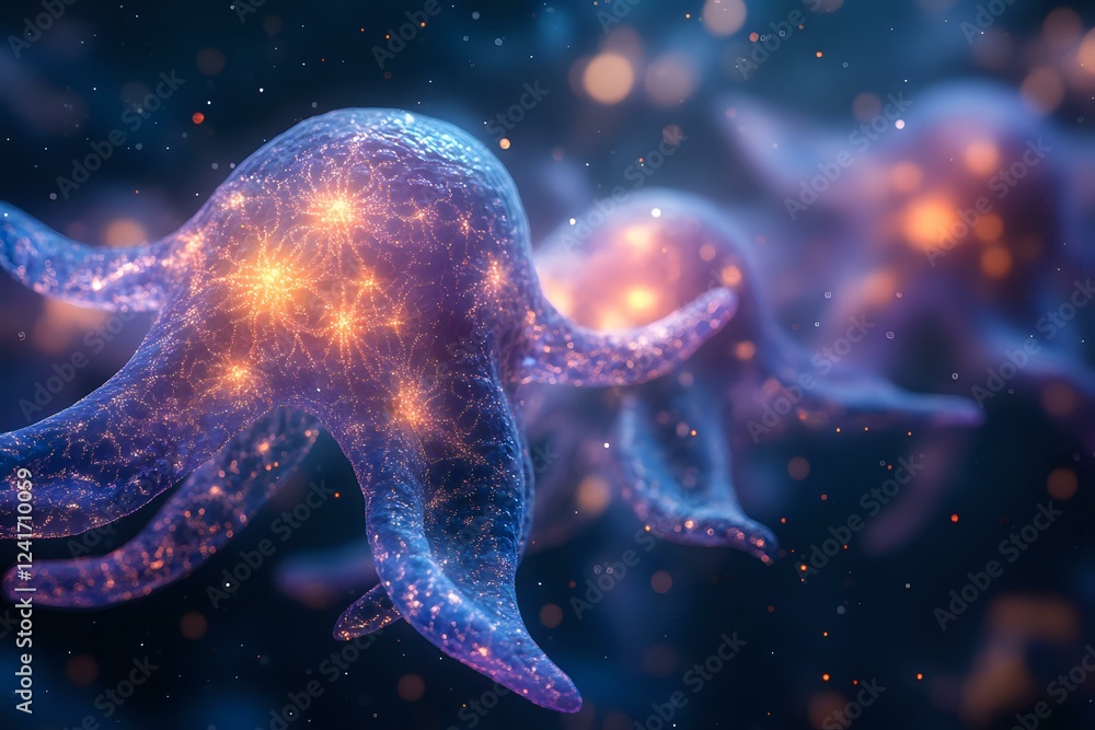 Poster glowing translucent octopus with bioluminescent spots floating in deep blue ocean waters amid sparkl