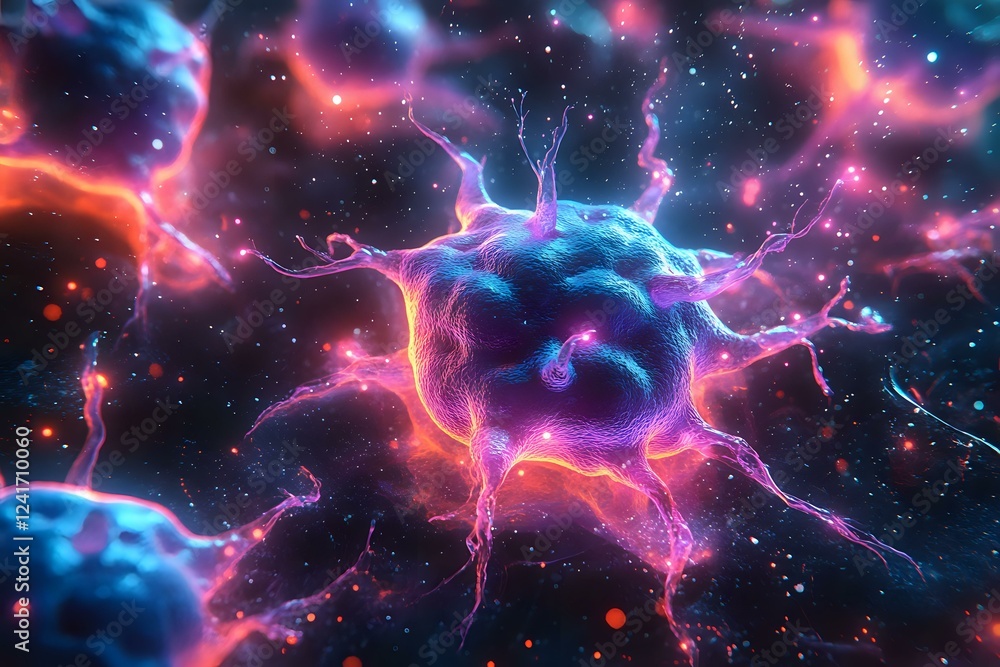 Poster glowing neuron cell with electrical synapses in vibrant neon colors against dark background, showing