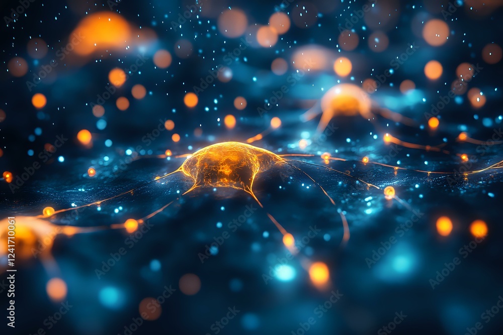 Poster glowing orange and blue neural network visualization with light particles and connections showing ar