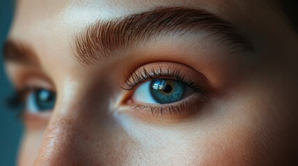 Fototapeta premium Close-up of a woman's face showcasing permanent eyebrow makeup with defined brow shape and striking blue eyes against a soft-focus background.