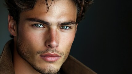 Obraz premium Intense close-up of a handsome young adult man with tousled dark hair and striking blue eyes wearing a stylish brown coat against a dark background.