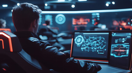 A person sits in a futuristic gaming chair, intensely focused on two monitors displaying complex, glowing data streams. The scene is set in a dimly lit, high-tech control room.