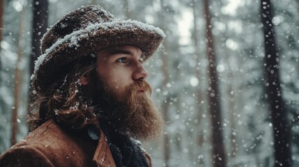 Hipster man with beard wearing a stylish hat in snowy winter forest with falling snowflakes surrounded by tall evergreen trees celebrating New Year spirit