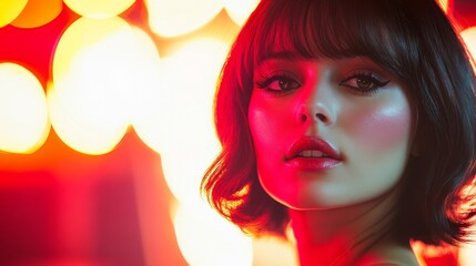 Fototapeta premium A Woman with Short Dark Hair Poses in Red Light