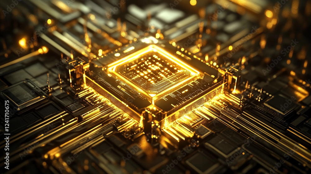 Poster quantum processor glowing with intricate circuitry illuminated in a dark setting, showcasing advance
