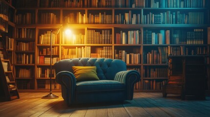 Cozy Library Corner with Blue Sofa and Warm Lighting Atmosphere