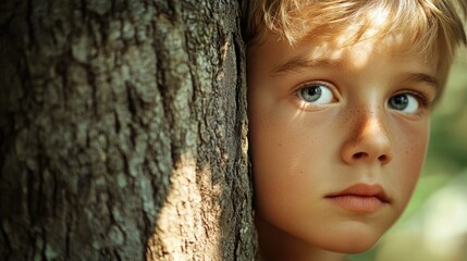 Young boy peeking from behind a textured tree trunk with sunlight filtering through greenery in a playful summer outdoor setting