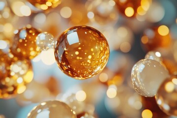 A cluster of reflective spheres suspended in mid-air, perfect for illustrating ideas, concepts or themes related to innovation, creativity and futuristic thinking