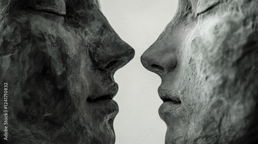 Poster close-up of two sculpted faces in profile view; monochrome tones highlight texture and detail of exp