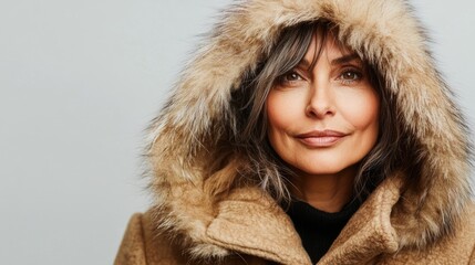 Elegant mature woman with warm brown mink fur coat featuring soft hood, capturing natural beauty against a neutral background.